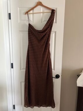 Zara Brown Polka One-Shoulder Slip Dress